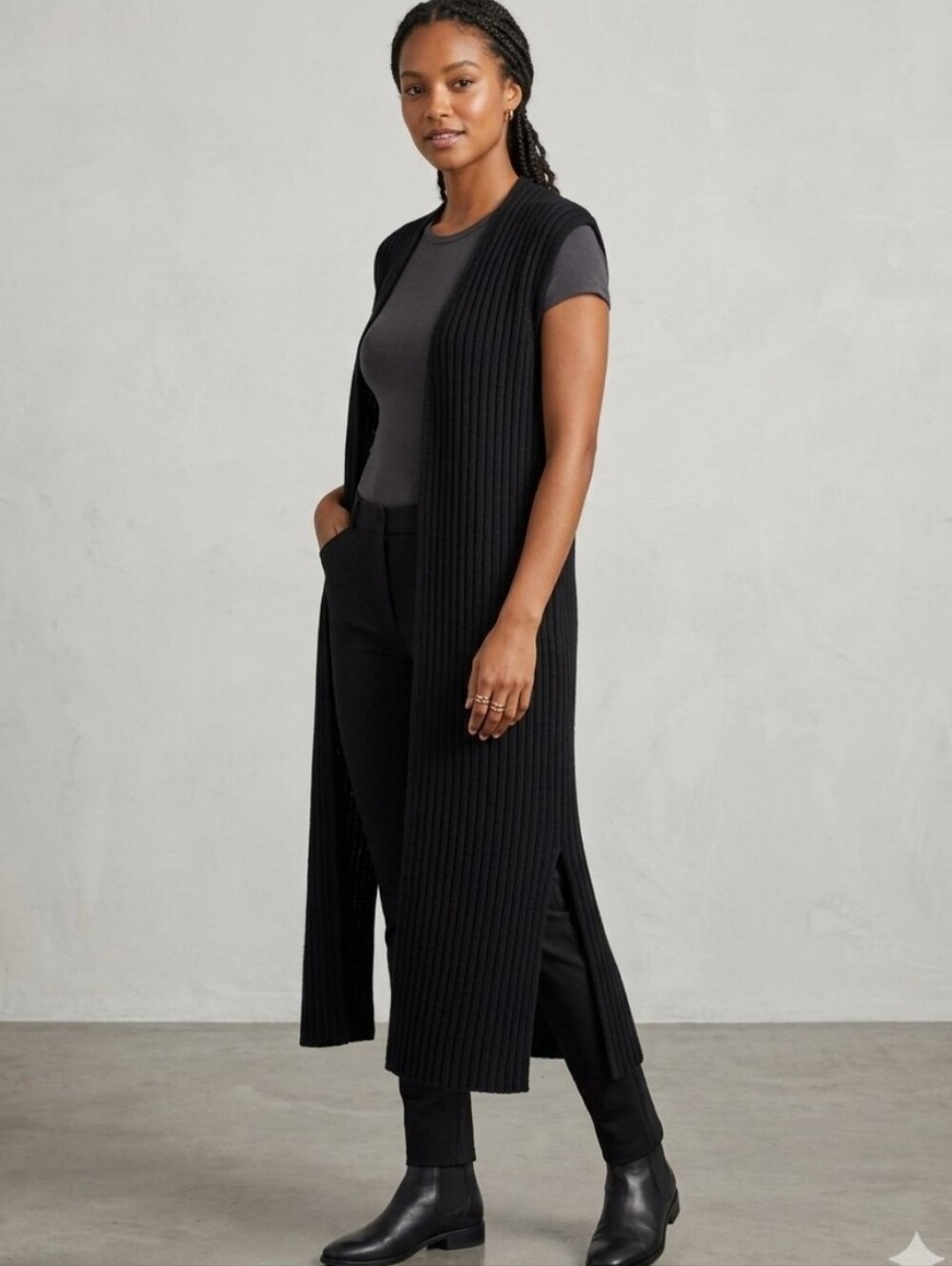 Wool Blend Long Black Sleeveless Ribbed Cardigan Vest Minimalist Casual Chic L